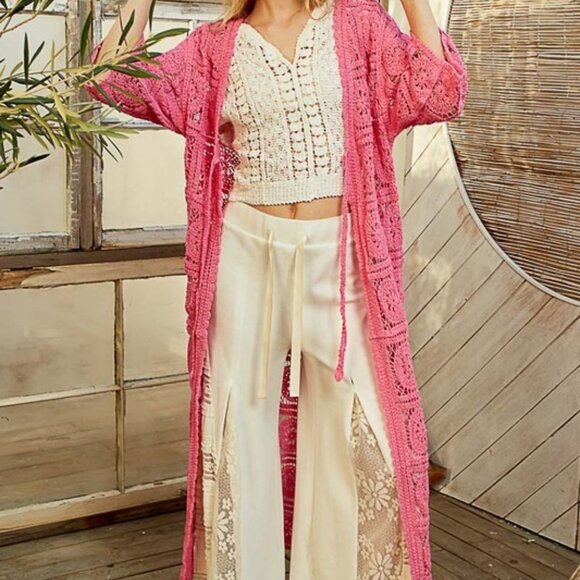 P1926 New POL Tied Crochet 3/4 Sleeve Longline Cardigan - Picture 3 of 4